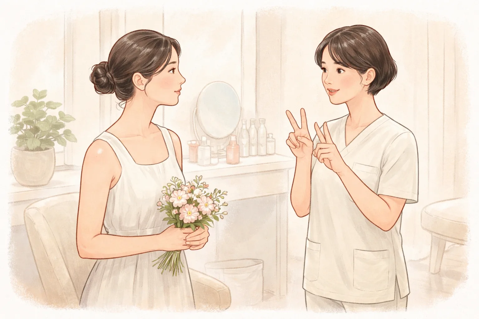 在明亮房間裡手持小花束的女性與醫療人員交談