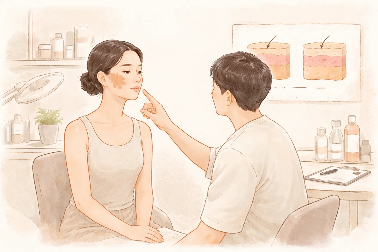 双颊和额头有褐色色素的女性与医护人员咨询