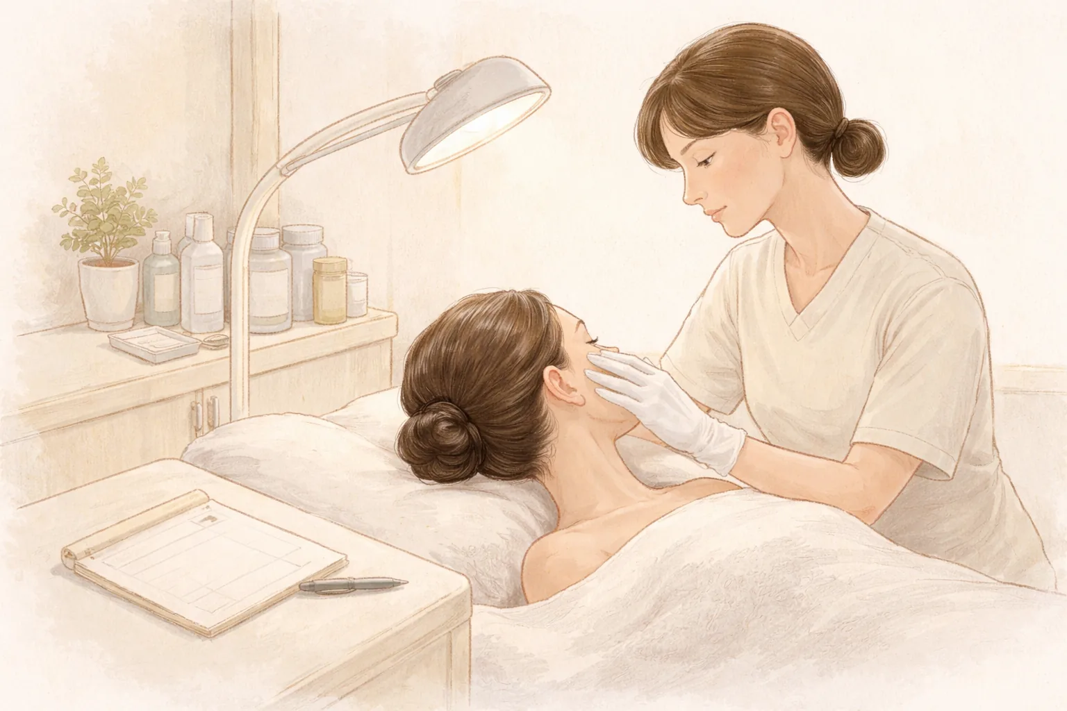 柔らかな照明の下で横たわる女性の顔を診る医療スタッフ