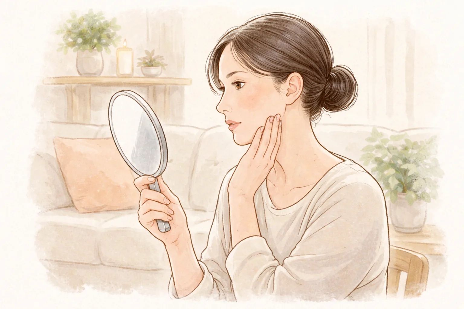 手鏡を持って頬を確認する女性