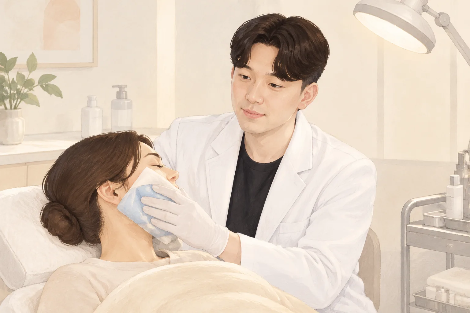 醫療人員為躺在床上的患者臉頰敷冷敷袋並查看