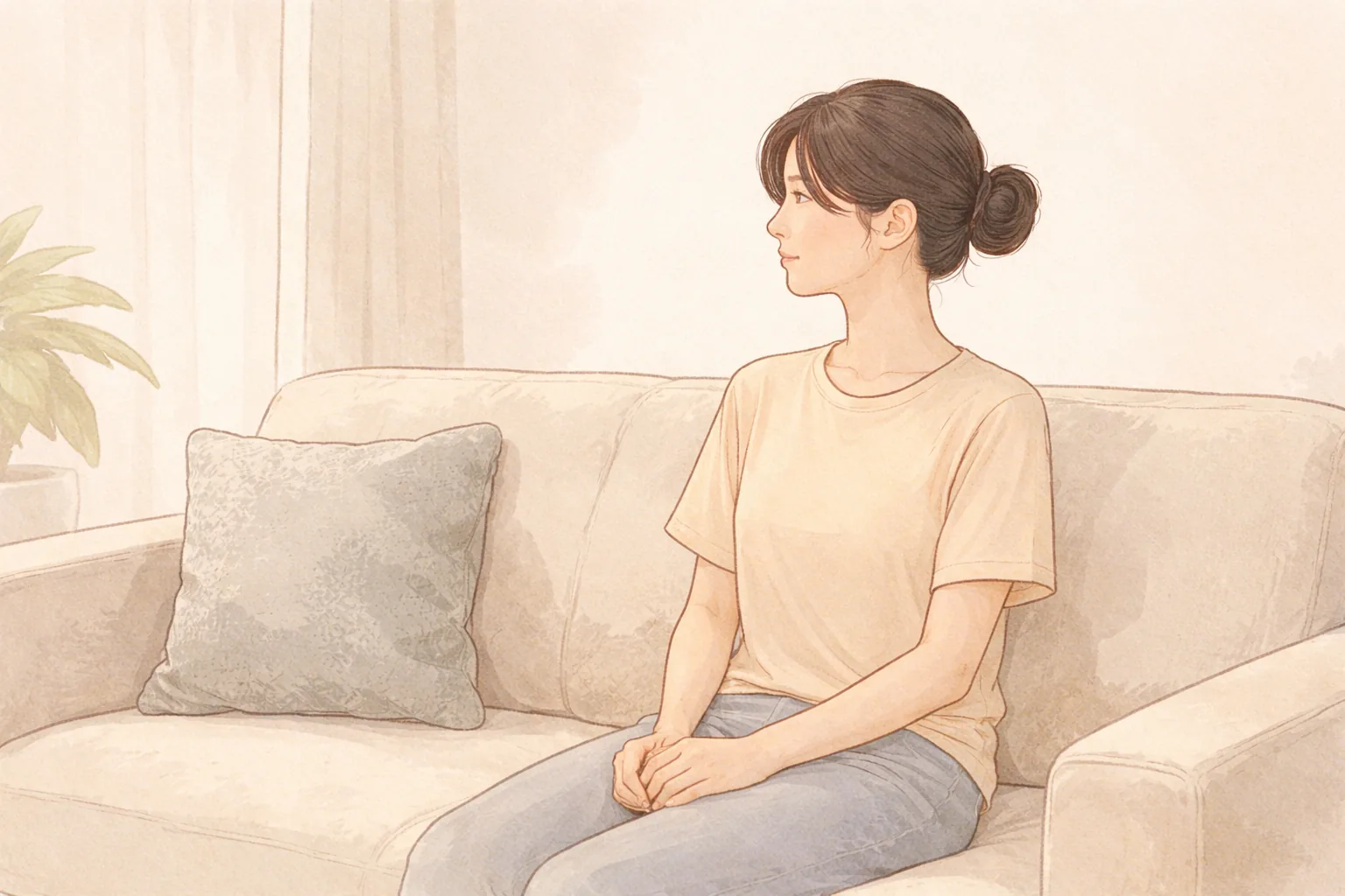 坐在沙發上雙手交疊、望向一旁的女性