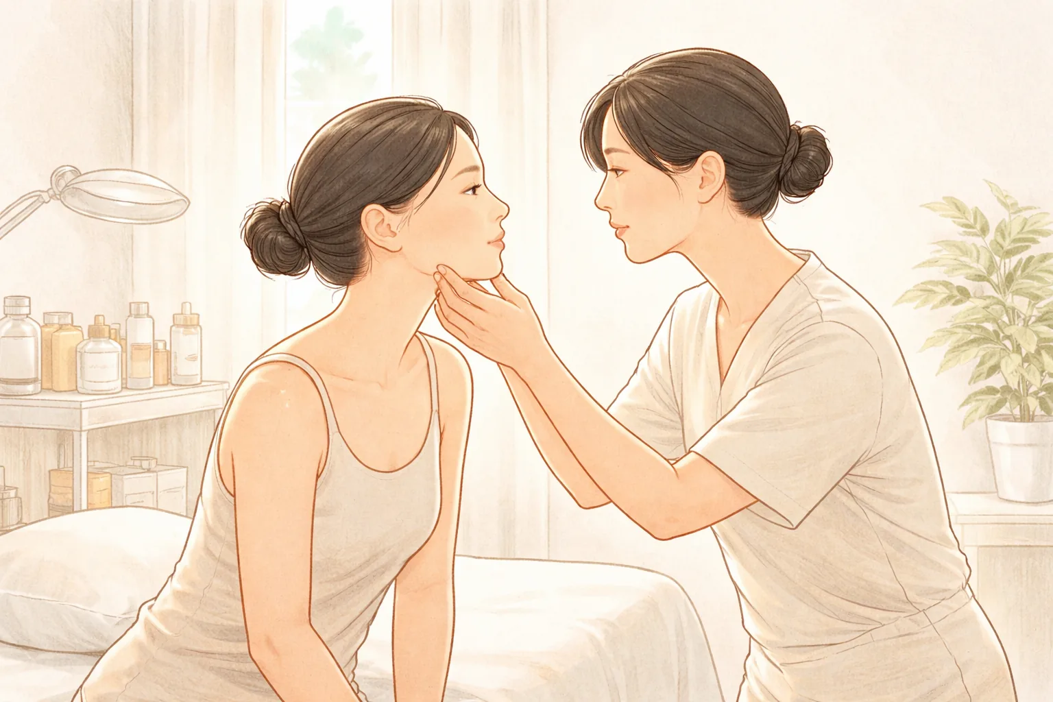 Clinician examining a seated woman's cheek in a bright consultation room