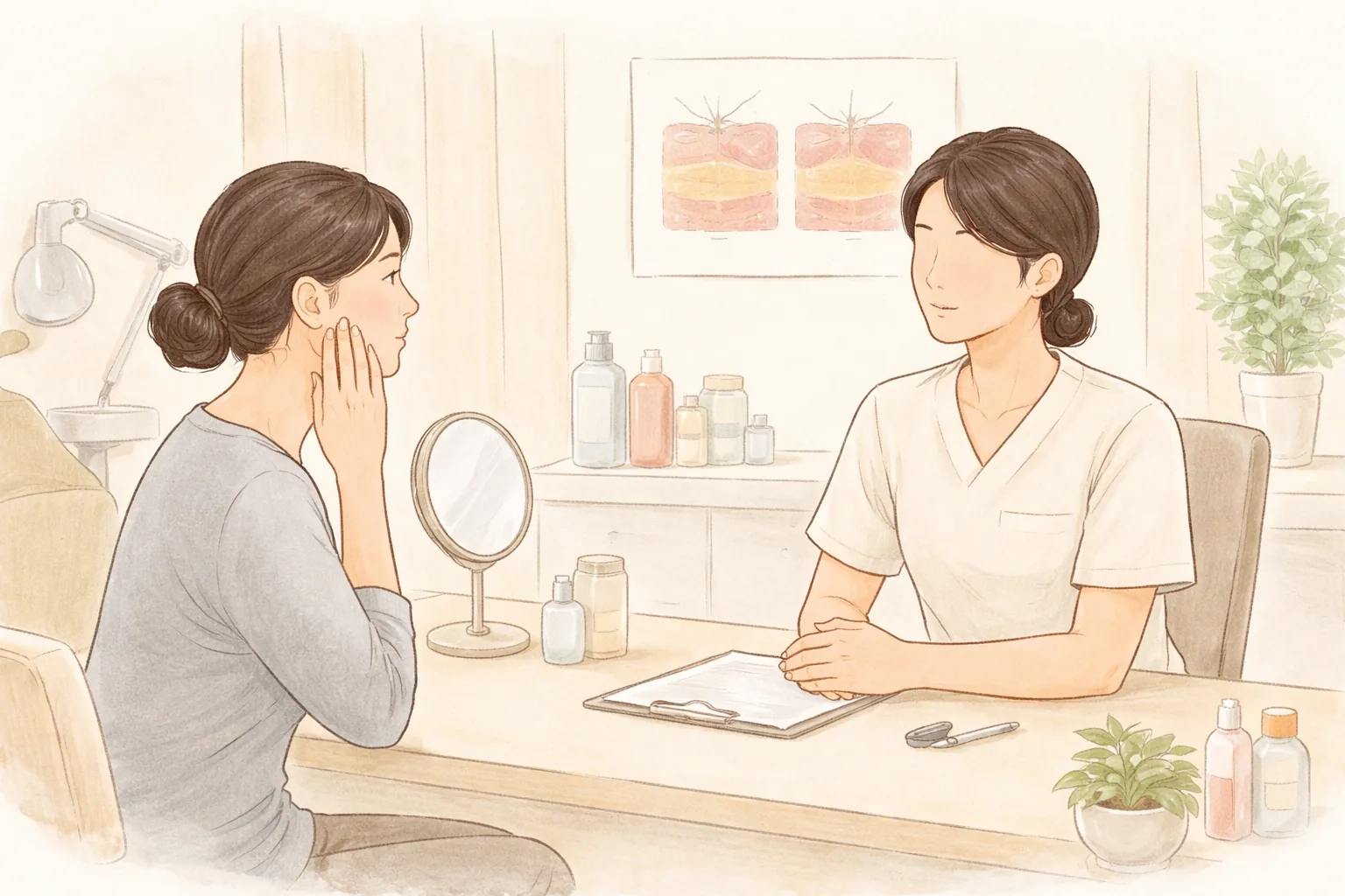 Mujer tocándose la mejilla mientras conversa con una profesional médica en una consulta luminosa
