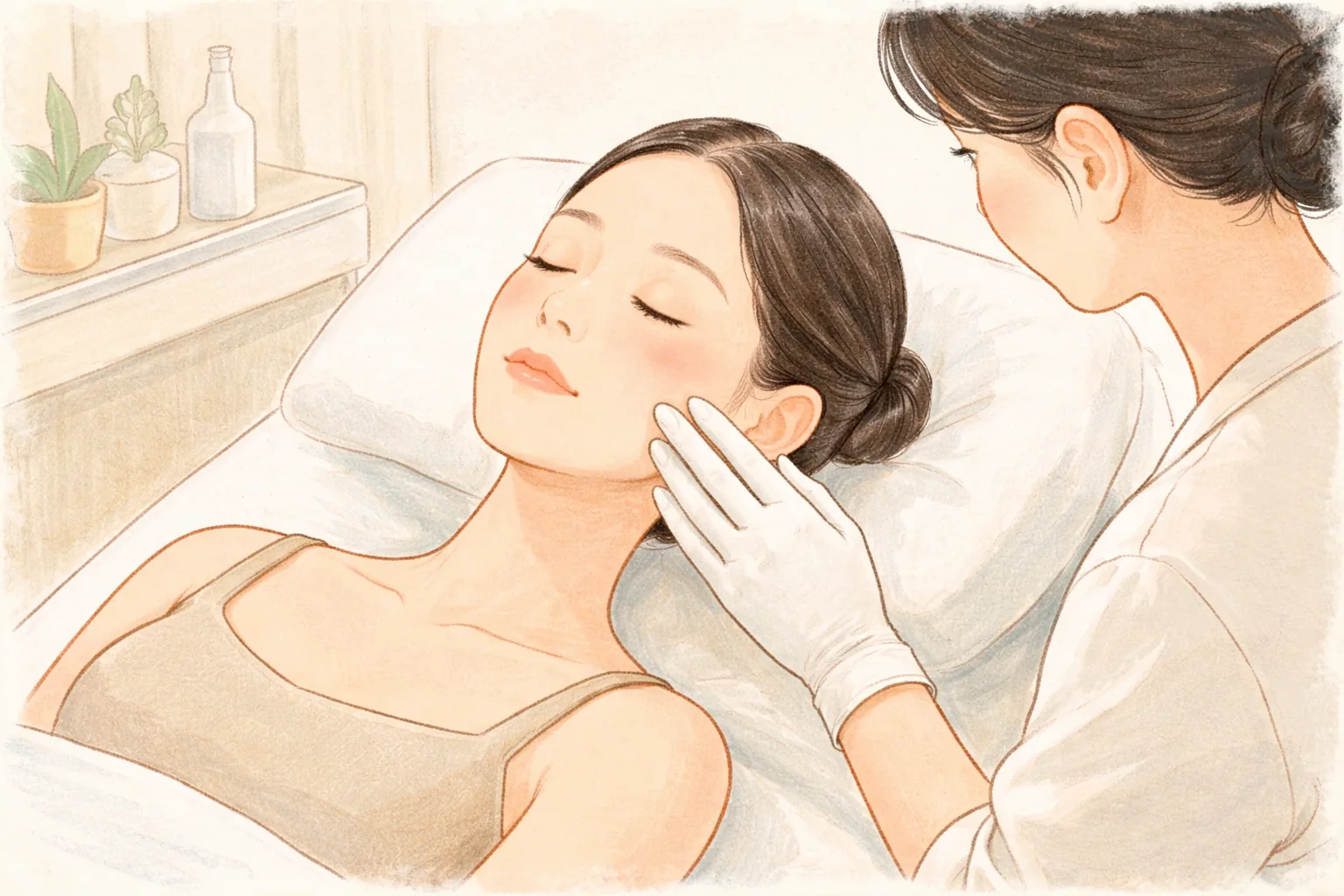 눈을 감고 누운 여성 얼굴에 장갑 낀 의료진 손이 닿아 있는 모습