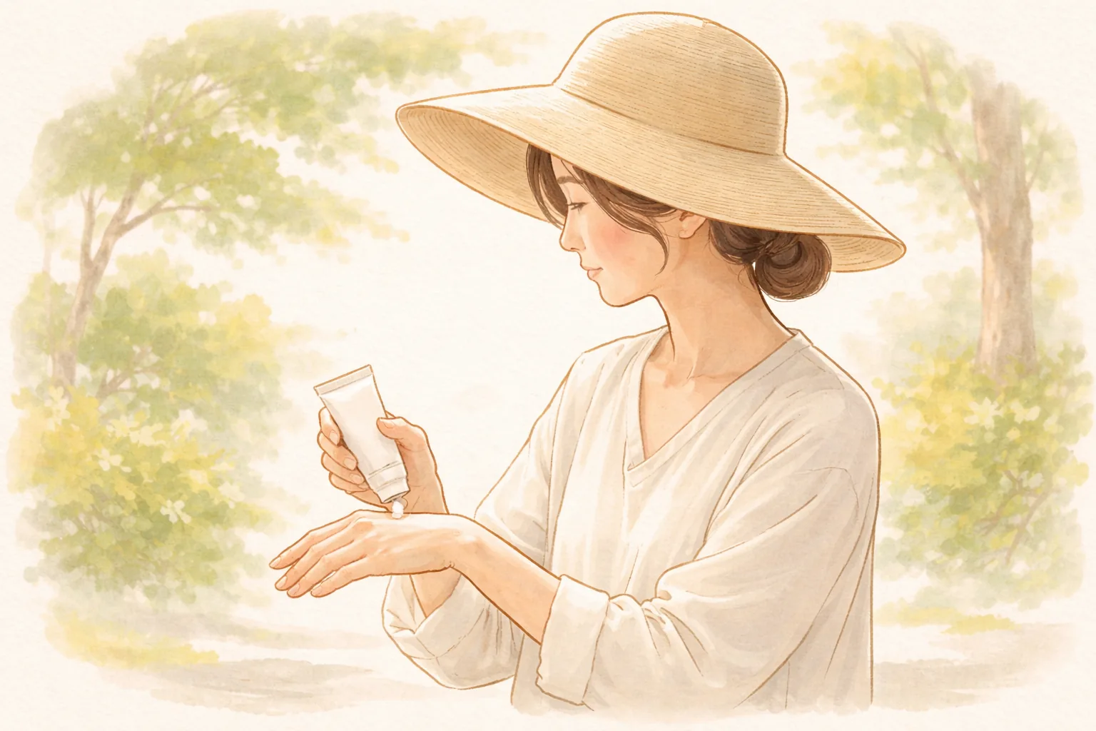 챙 넓은 모자를 쓴 여성이 숲속에서 손등에 크림을 바르고 있음