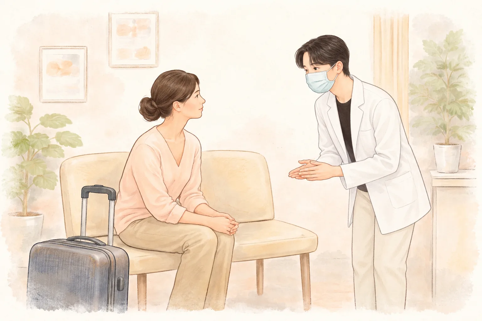 坐在行李箱旁的女性与戴口罩的医务人员交谈