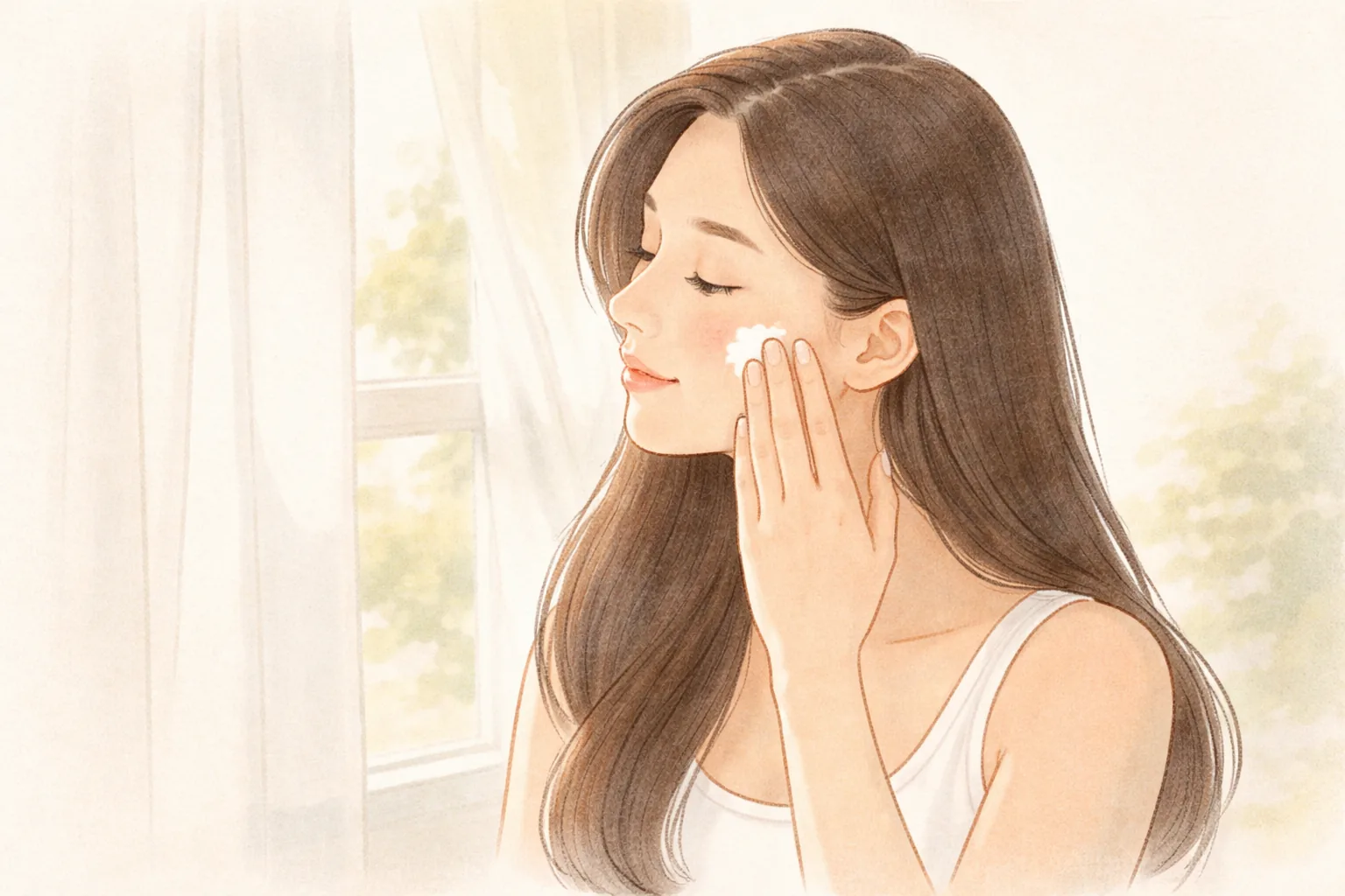 A long-haired woman touching her cheek near a window