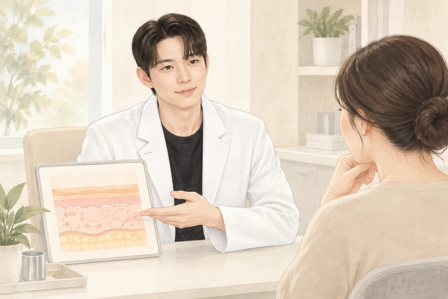 진료실 책상 앞 남자 의사가 여성 환자에게 피부 단면 그림을 보여주며 설명함