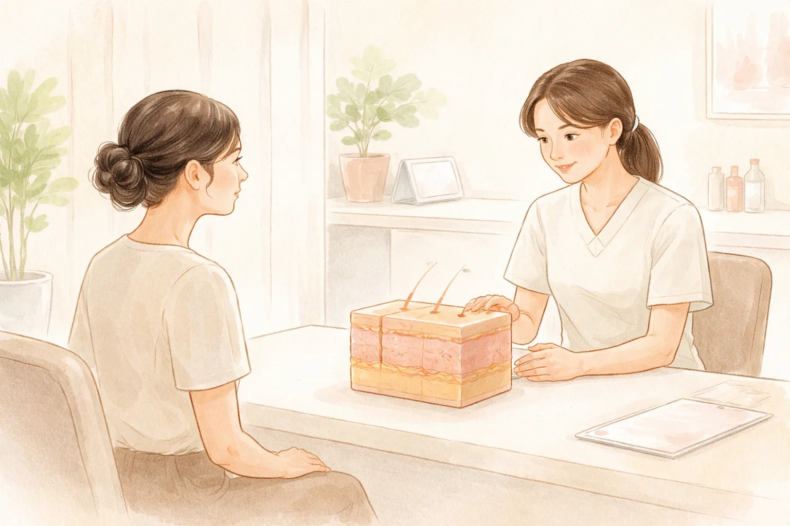 明亮的咨询室内,女性与医护人员对坐,讲解皮肤结构模型