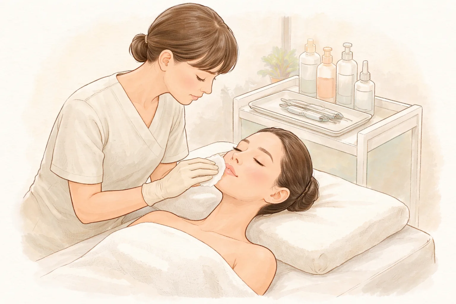 女性躺在治療床上,醫療人員用紗布擦拭她的臉頰