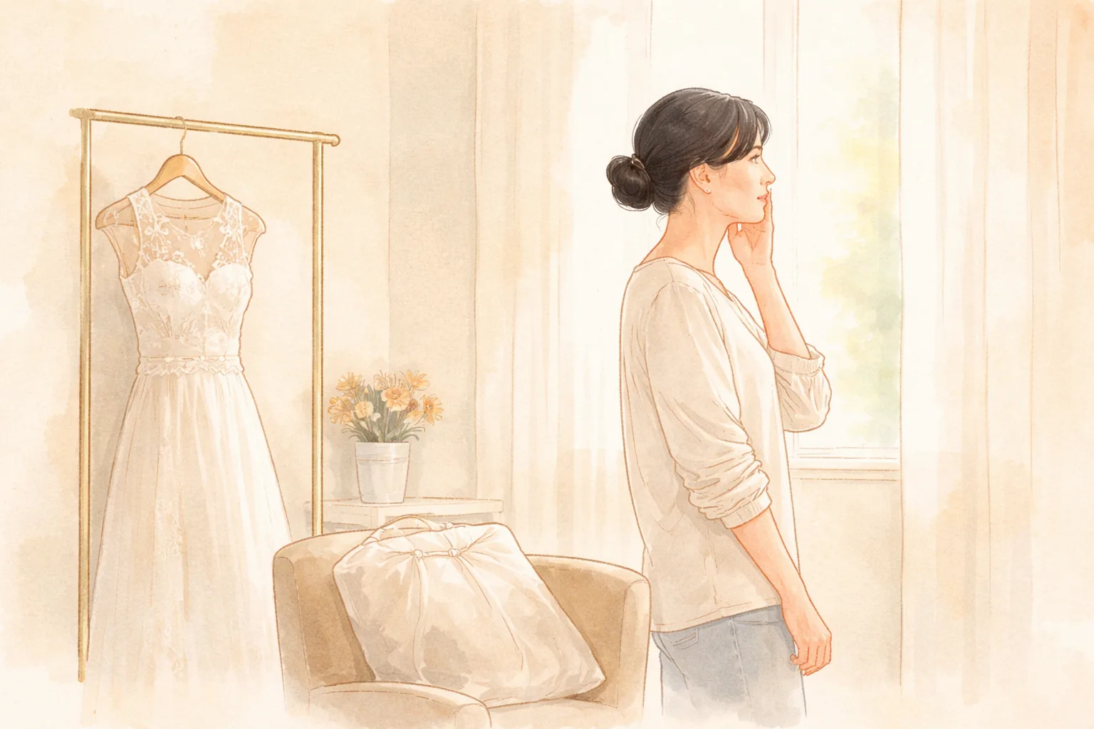 Woman in a bright room beside a dress, hand on cheek, looking out the window