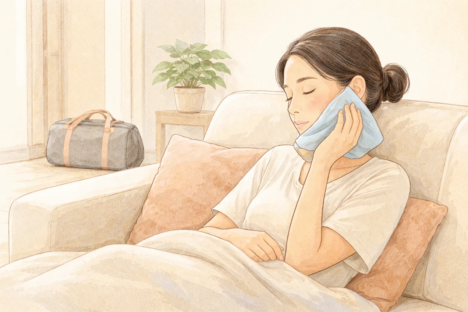 소파에 누워 수건에 싼 쿨팩을 볼에 대고 쉬는 여성