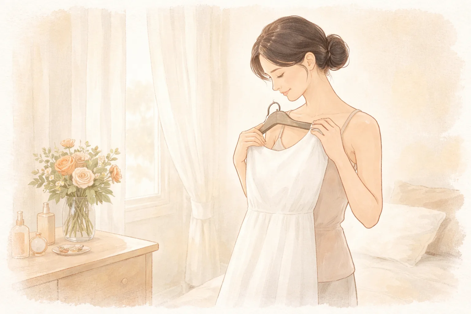 밝은 방에서 흰 드레스를 들고 서 있는 여성