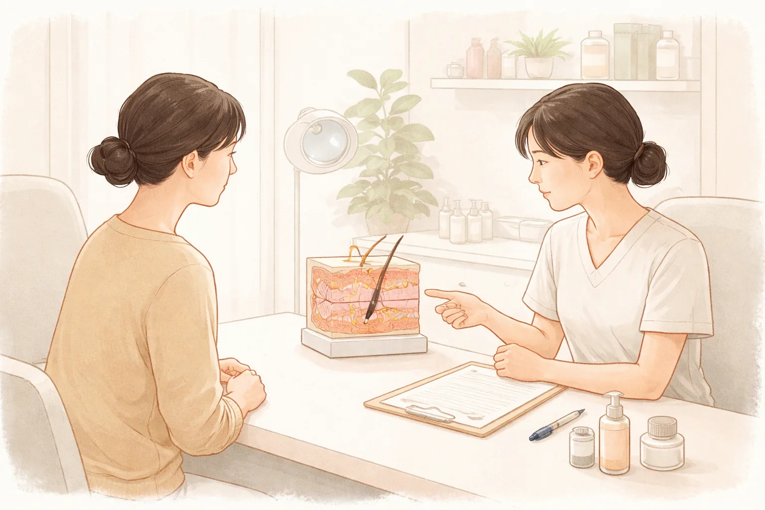 咨询室桌旁两位女性指着皮肤模型交谈