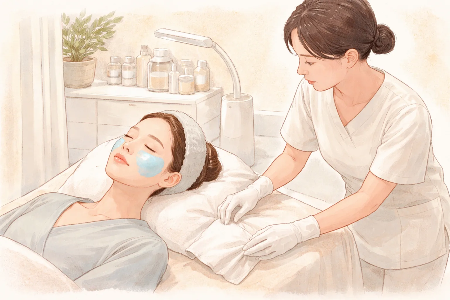 Mujer recostada en la camilla con mascarilla de gel y personal médico preparando una toalla