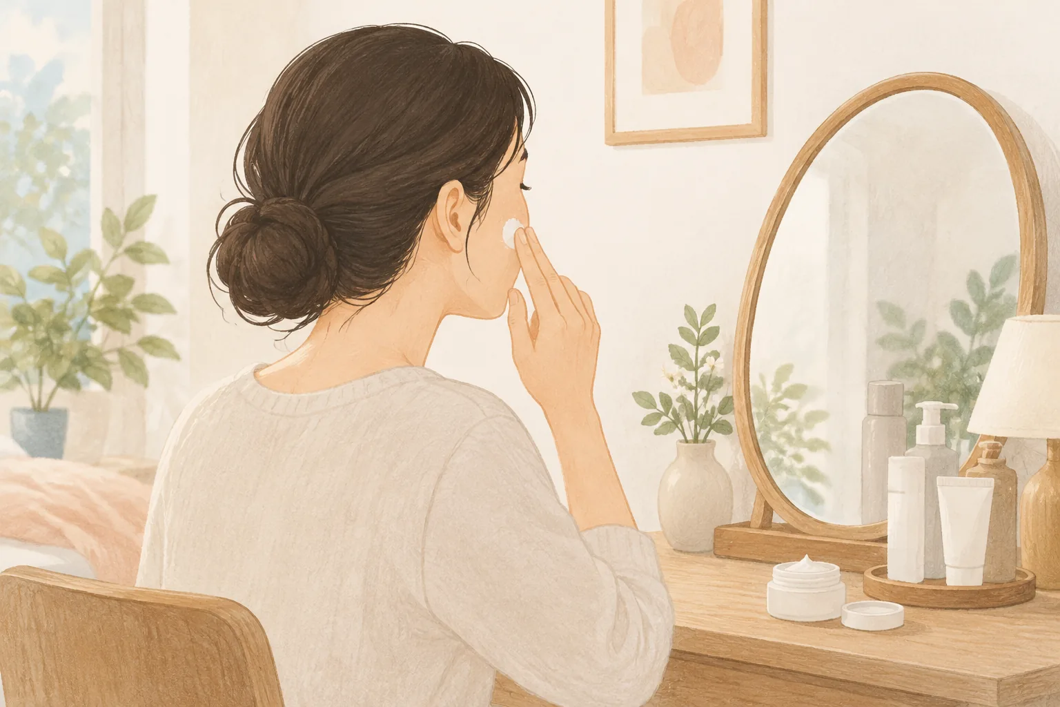 鏡の前で顔に保湿剤を塗る人と化粧台の化粧品