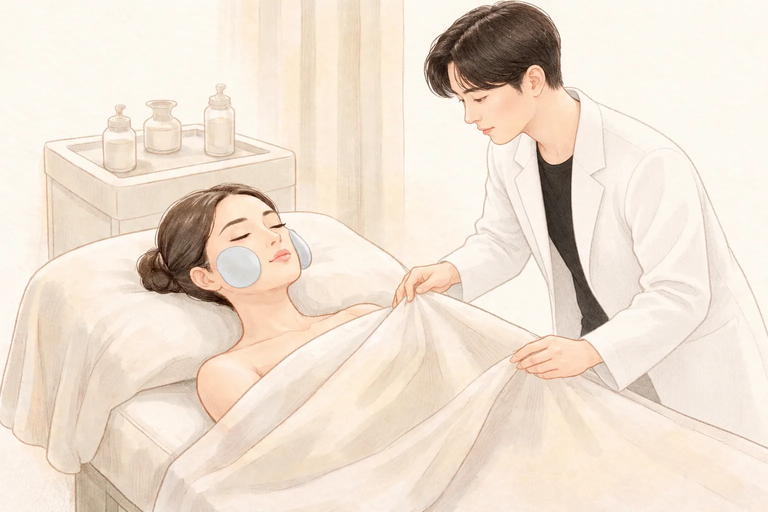 回復室のベッドに横たわり顔に冷却パッドを付けた女性と、そばで毛布をかける人