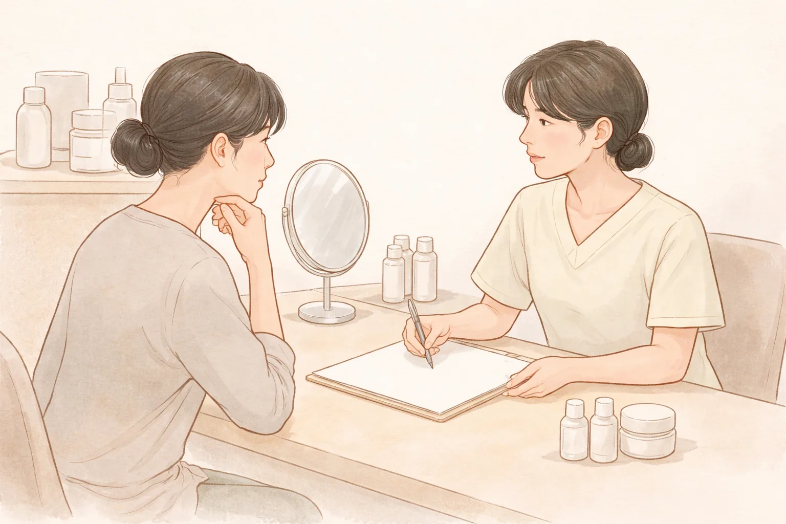 책상 앞에 앉아 노트에 적으며 설명하는 의료진과 듣고 있는 여성