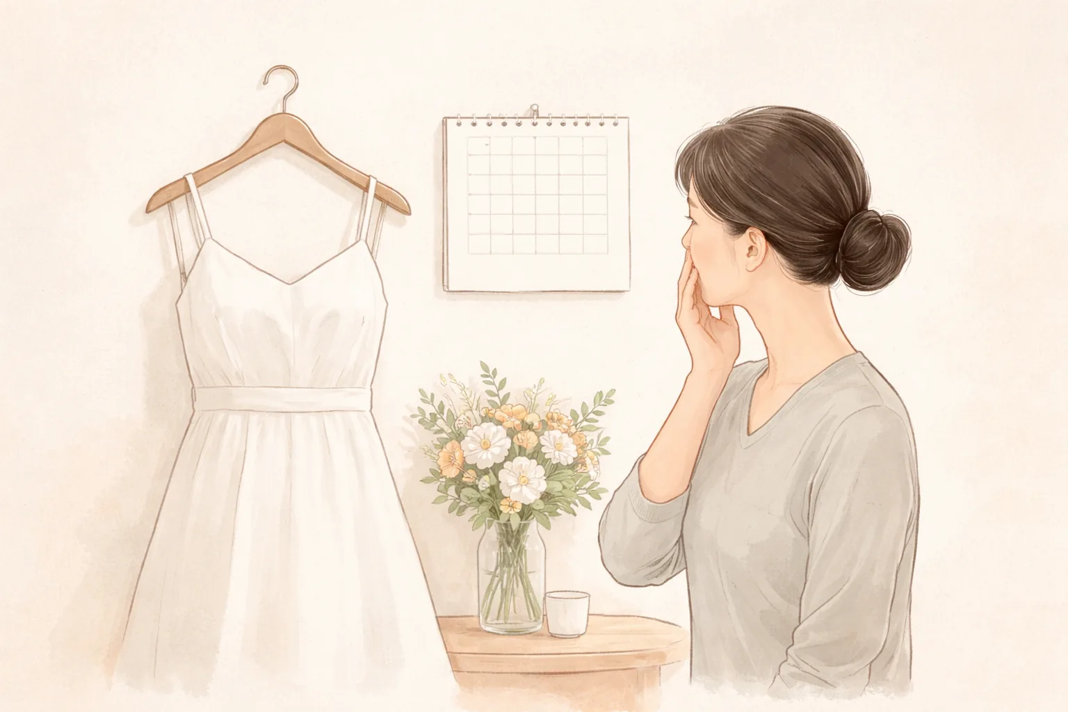 Woman with tied-up hair touching her cheek, looking toward a wall calendar and a white dress
