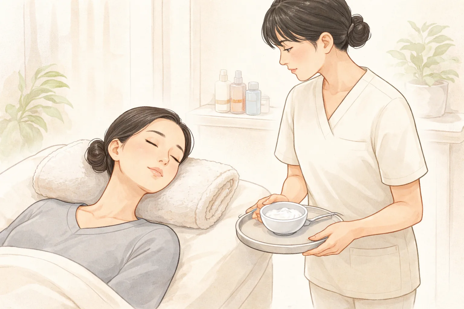 시술 침대에 누워 눈을 감은 여성과 옆에 서서 치료 도구를 들고 있는 의료진