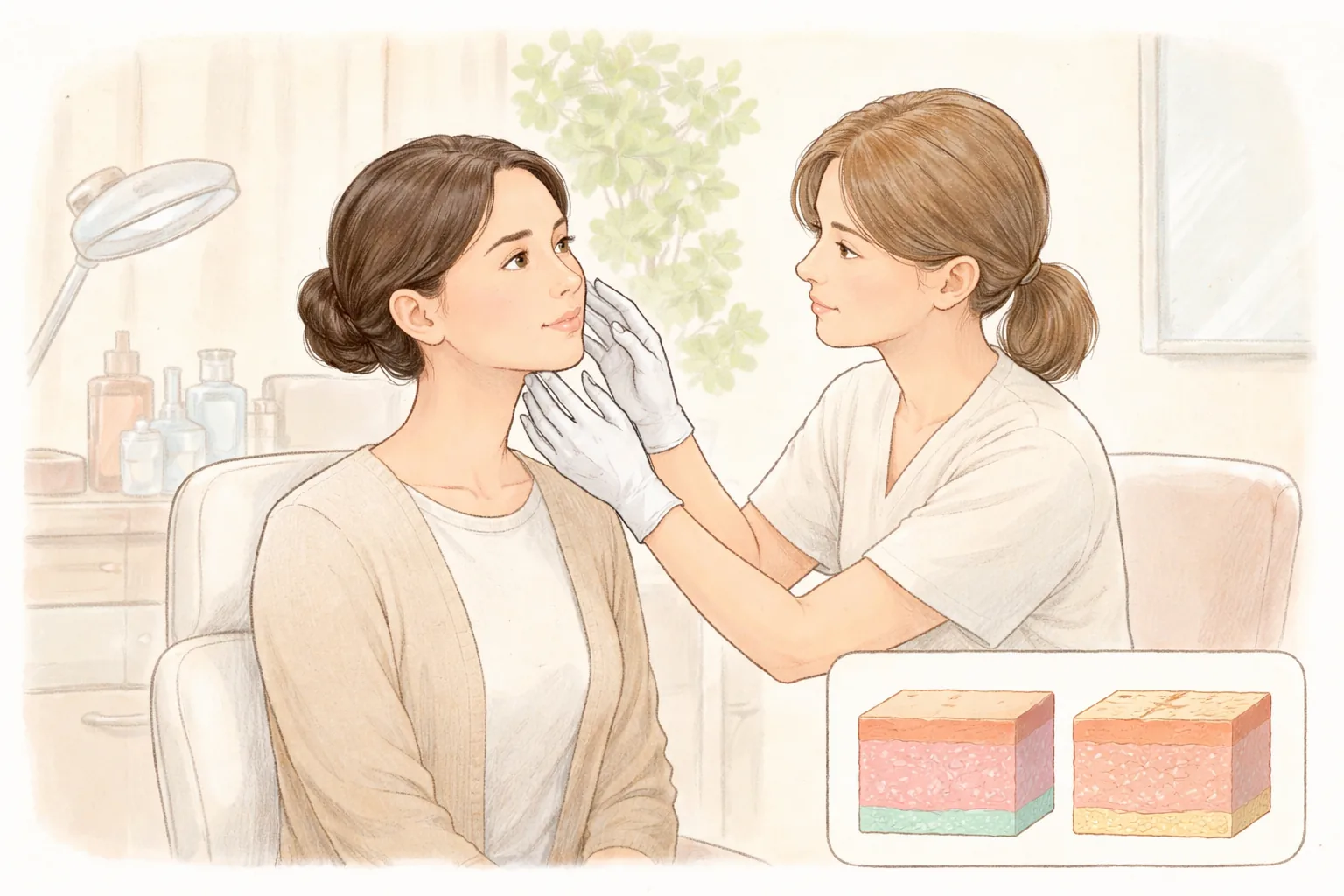 밝은 상담실에서 의료진이 여성의 볼을 손으로 확인하는 모습