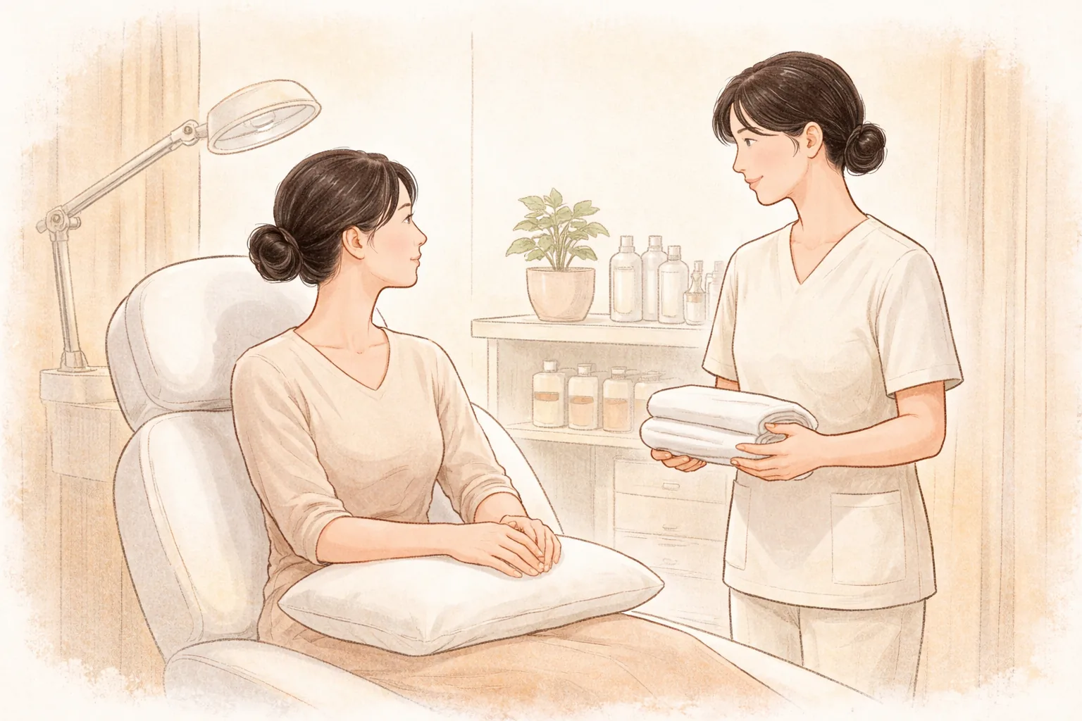 診間內坐著雙手交疊的女性，身旁醫療人員拿著毛巾與她交談