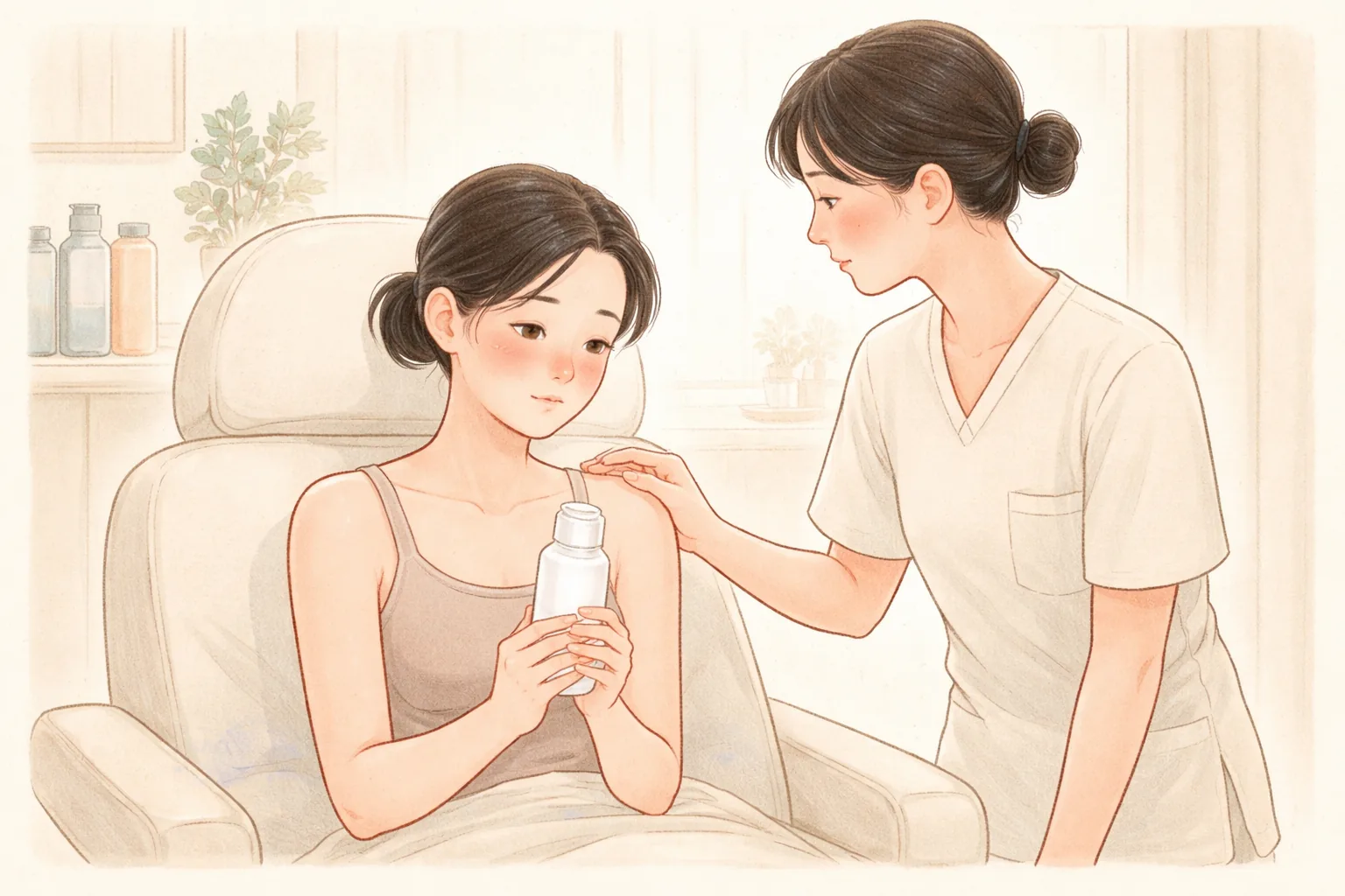 臉頰泛紅的女性拿著乳霜瓶，護理人員將手放在其肩上