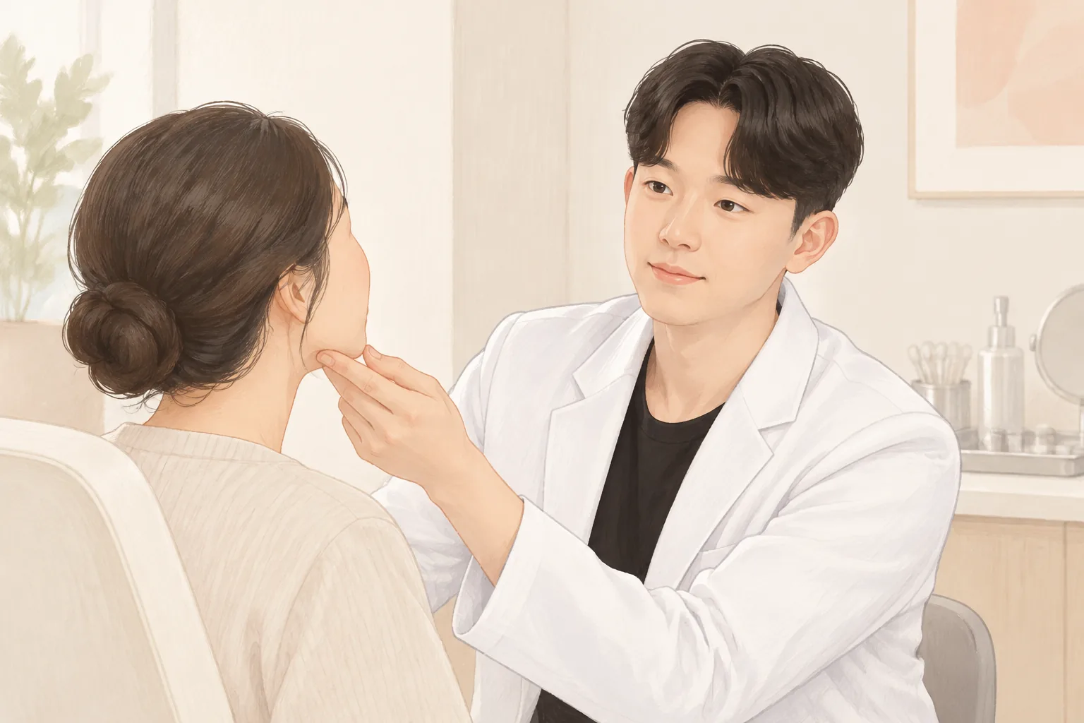 여성이 앉아 있고 남성이 흰 가운을 입고 여자의 턱을 들어 올려 살피는 모습