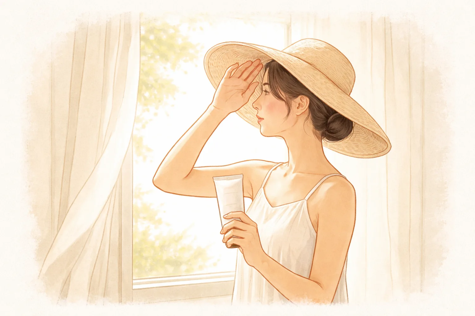 つばの広い帽子をかぶり窓辺で日焼け止めの容器を持つ女性