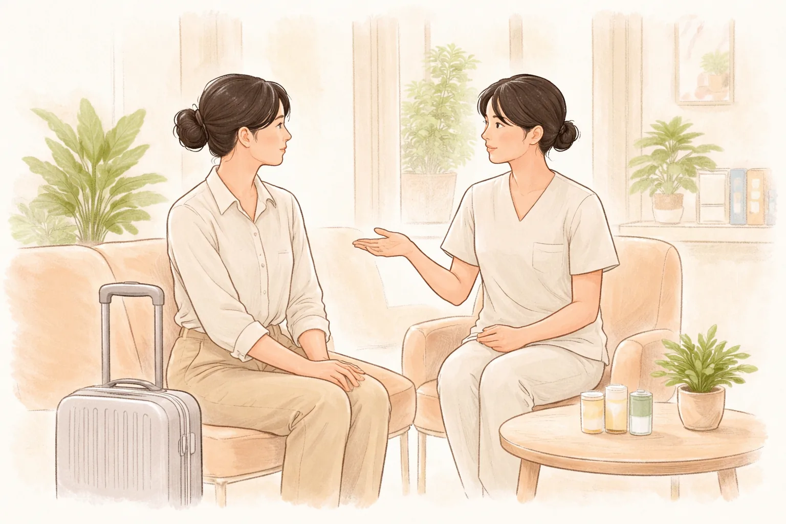 兩位女性坐在小型行李箱旁與醫療人員諮詢