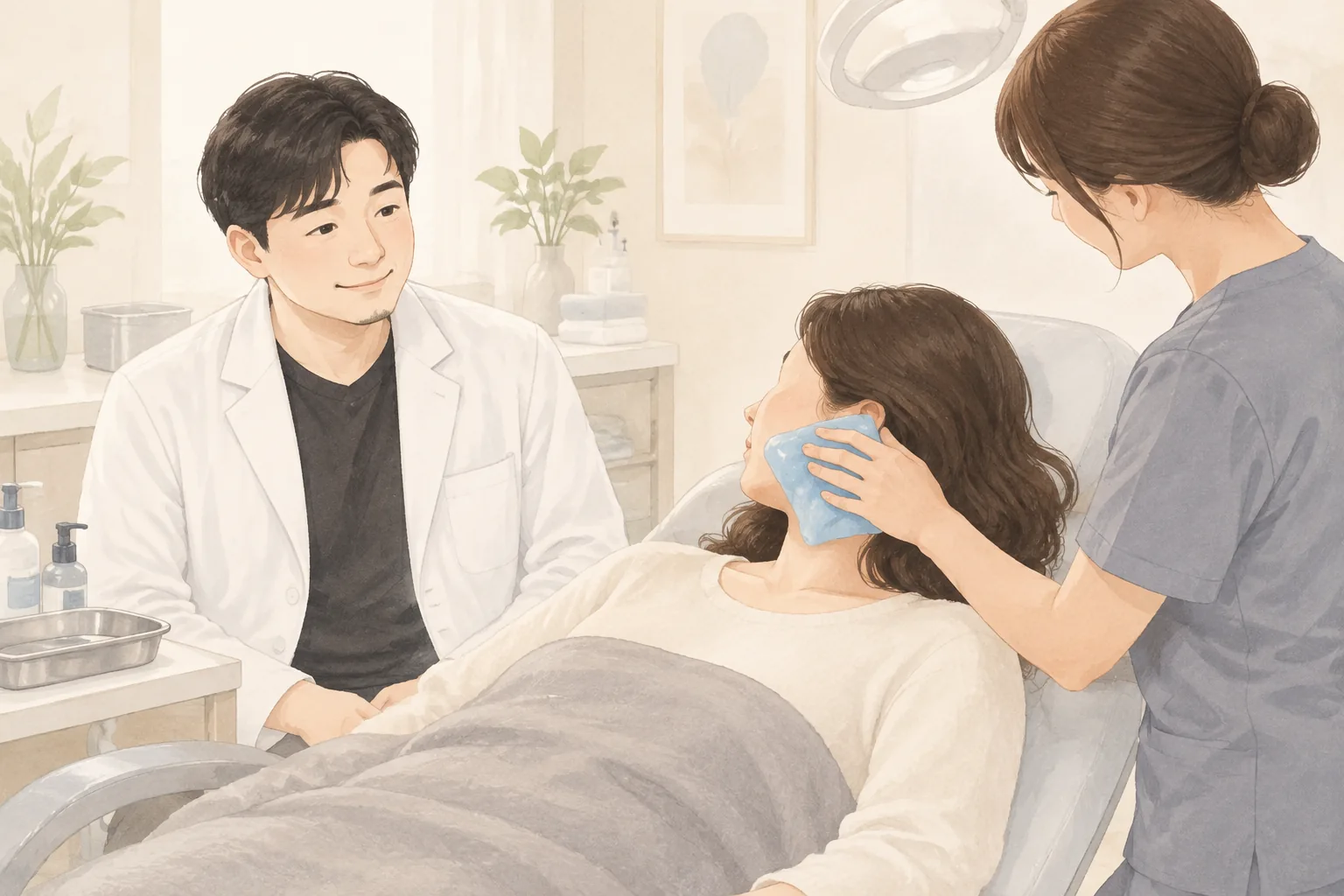 施術椅子に横になり冷たいジェルパックを頬に当てる女性とそれを見守る男性医師