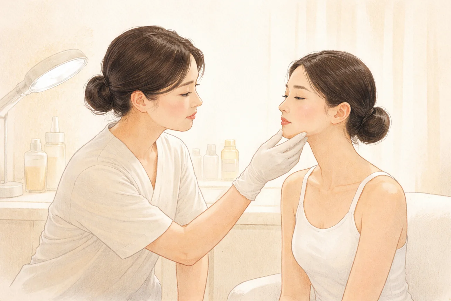 Clinician gently lifting a seated woman's chin to check her skin