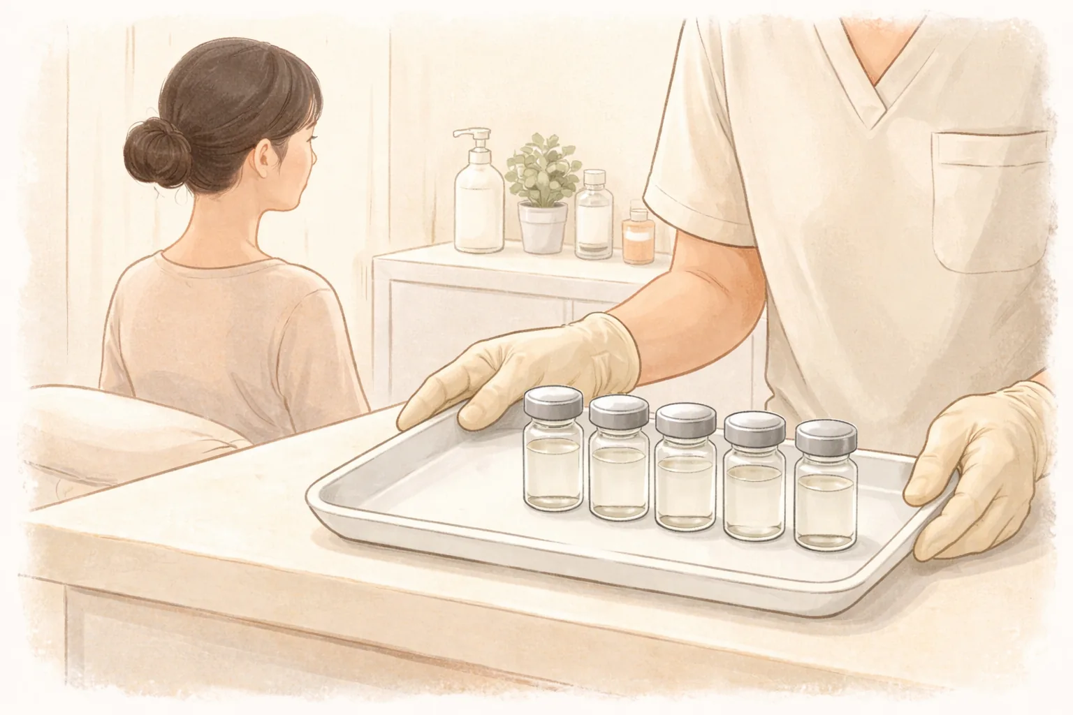 장갑을 낀 손이 쟁반 위에 작은 투명 유리 앰플 다섯 개를 놓고 있고 뒤에 머리를 묶은 여성이 앉아 있음