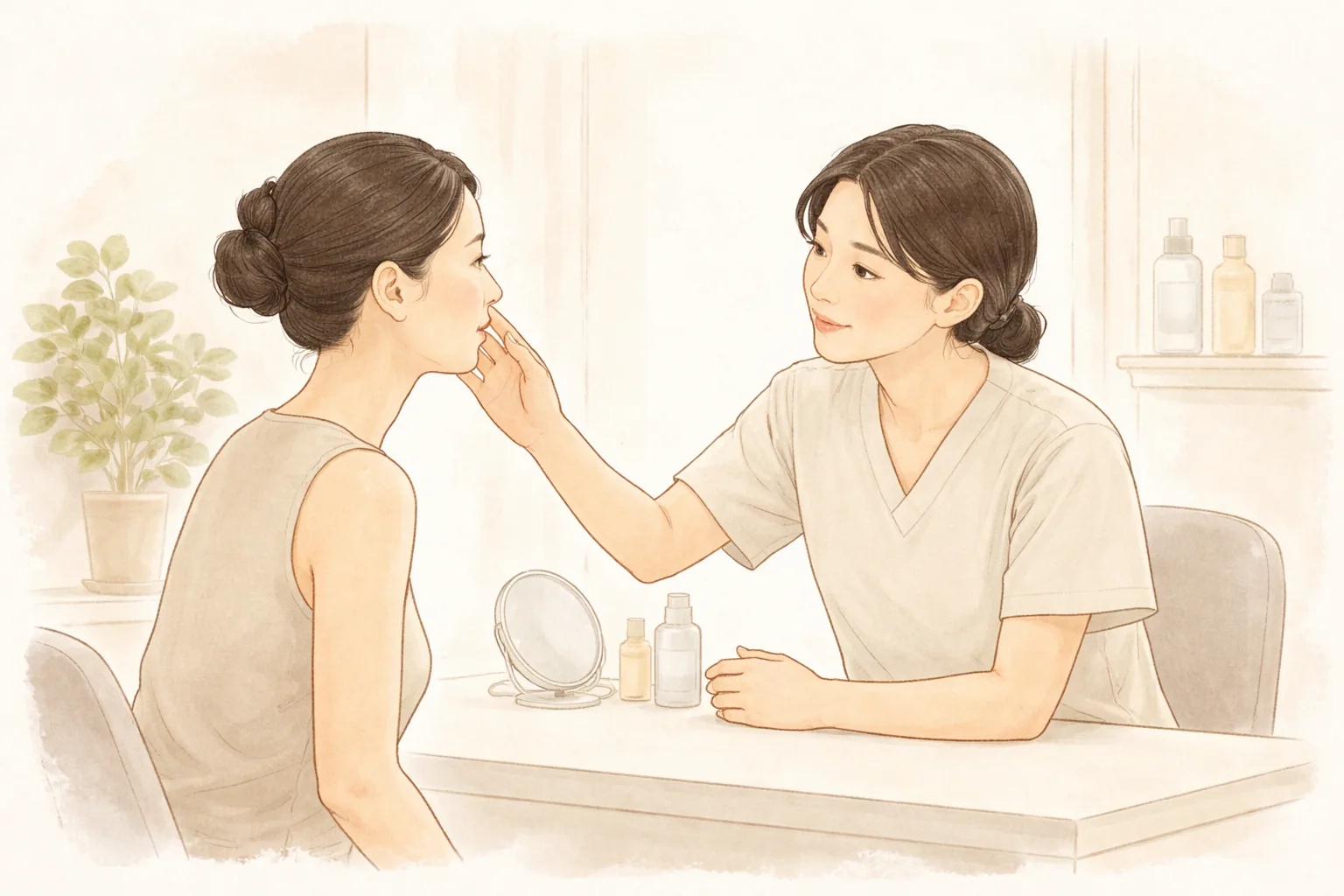 坐在咨询桌前，医护人员指着女性脸颊说明