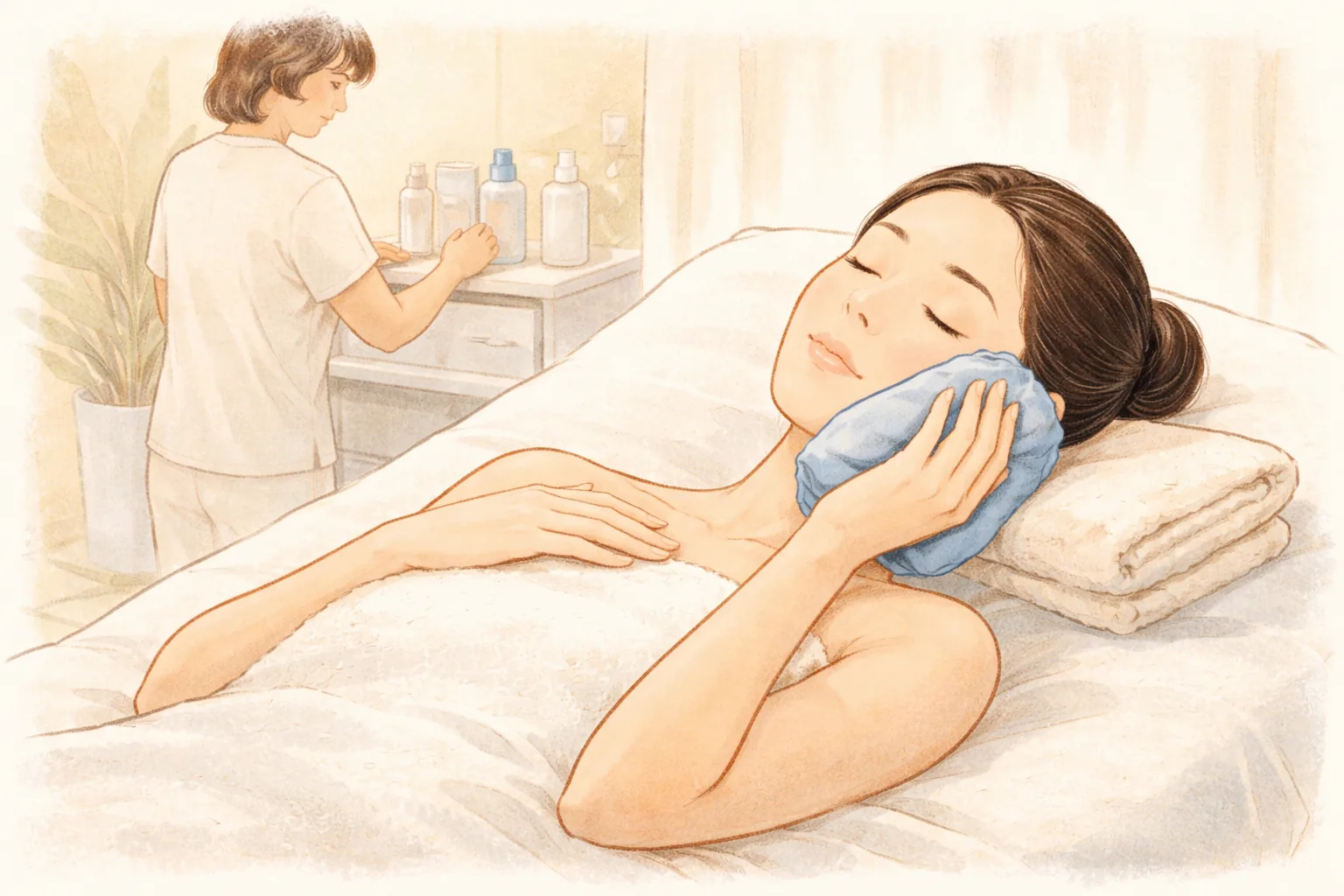 Woman lying on a clinic bed with a cold pack on her face as staff arrange supplies