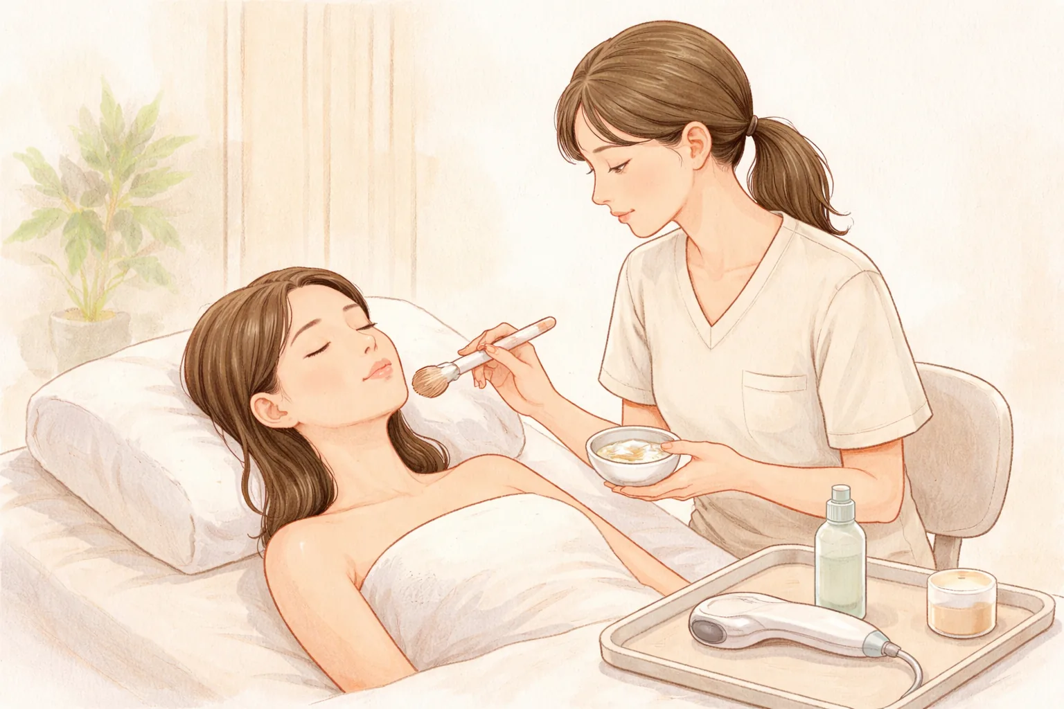 Profesional médico aplicando crema en el rostro de una mujer recostada en la camilla, con instrumentos médicos al lado