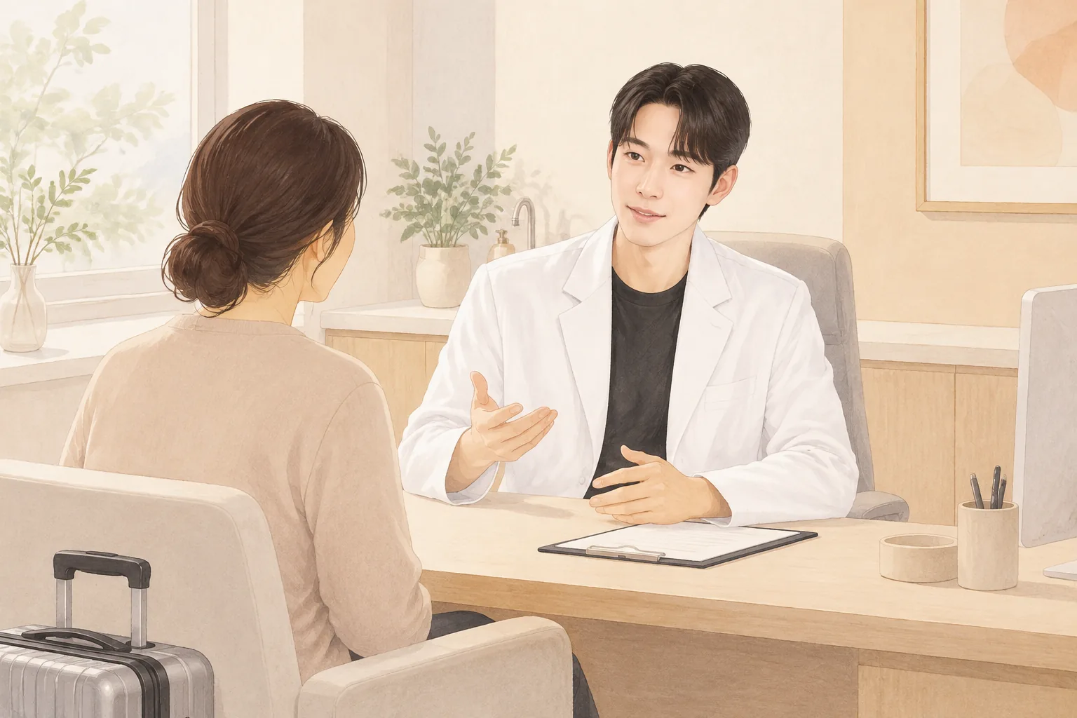 상담실 책상에서 여성과 대화하는 남성 원장과 캐리어