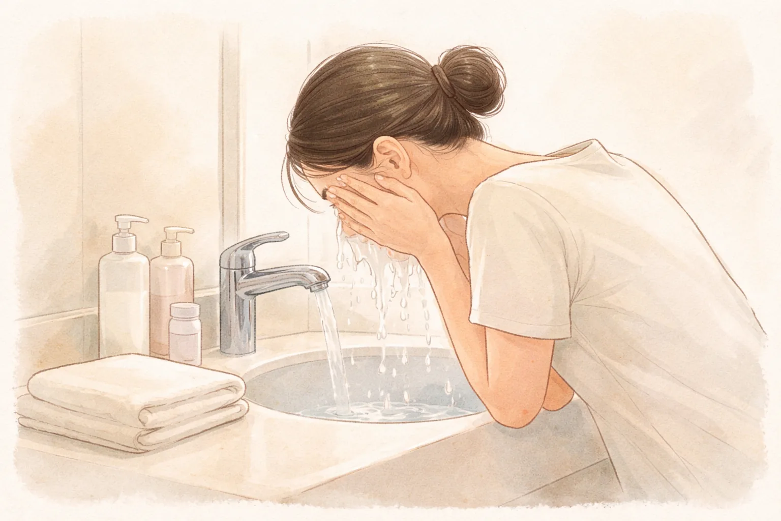 男性が洗面台で水で顔を洗っている様子