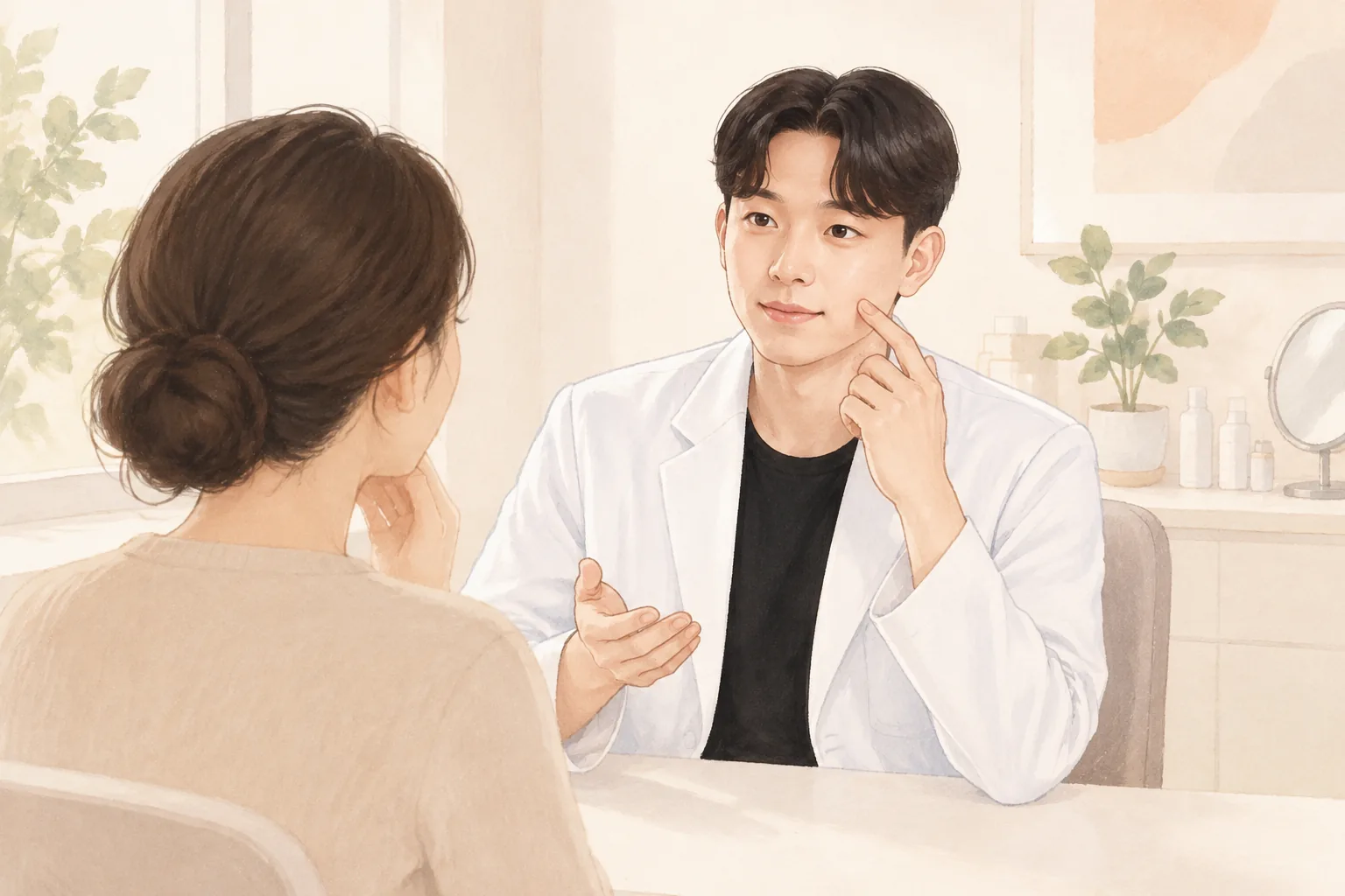 진료실에서 의사가 여성 환자의 볼을 가리키며 설명하는 모습