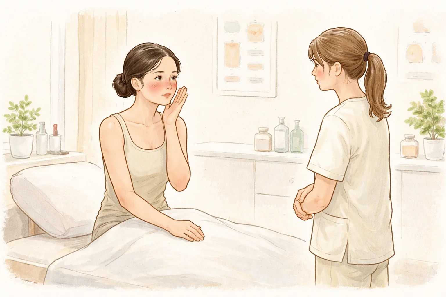 女性摸着泛红的面颊，医护人员站在前面
