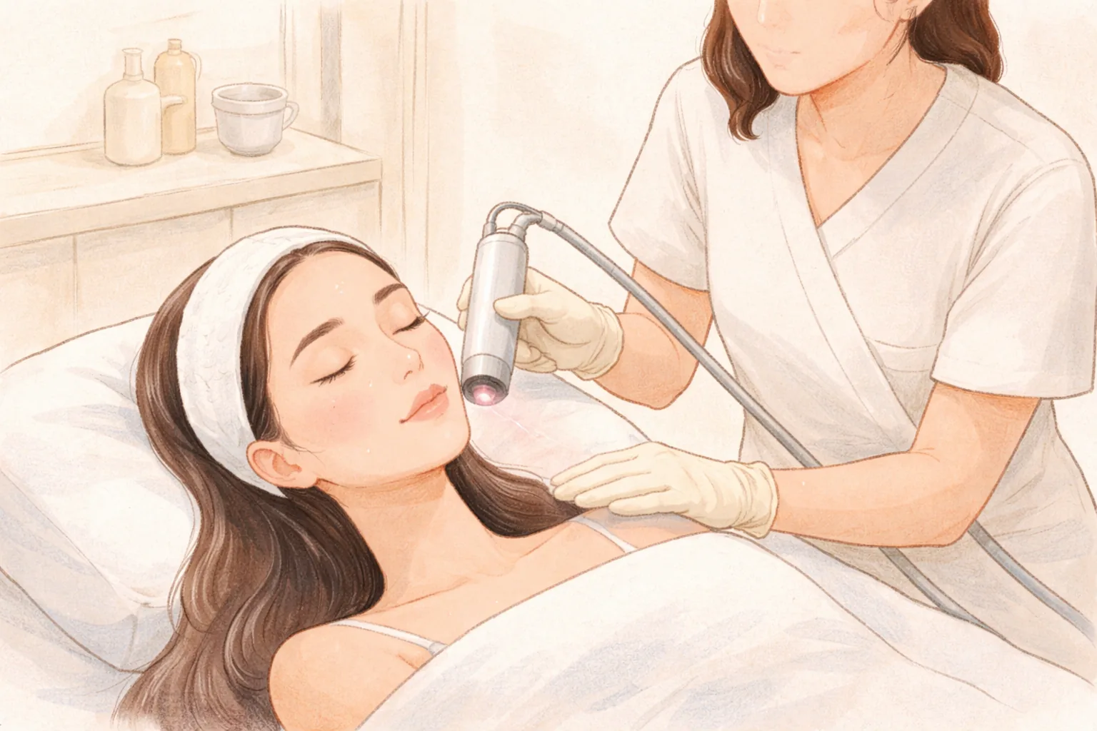 A woman wearing a headband lying down as a gloved hand holds a laser device against her face