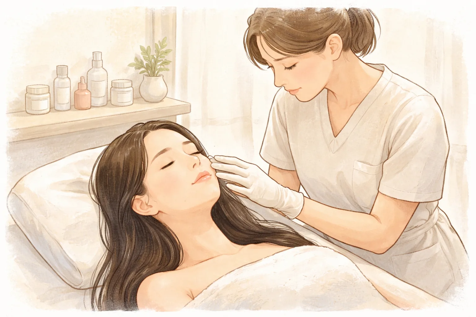 A clinician examining a woman's cheek with a gloved hand as she lies on a treatment bed