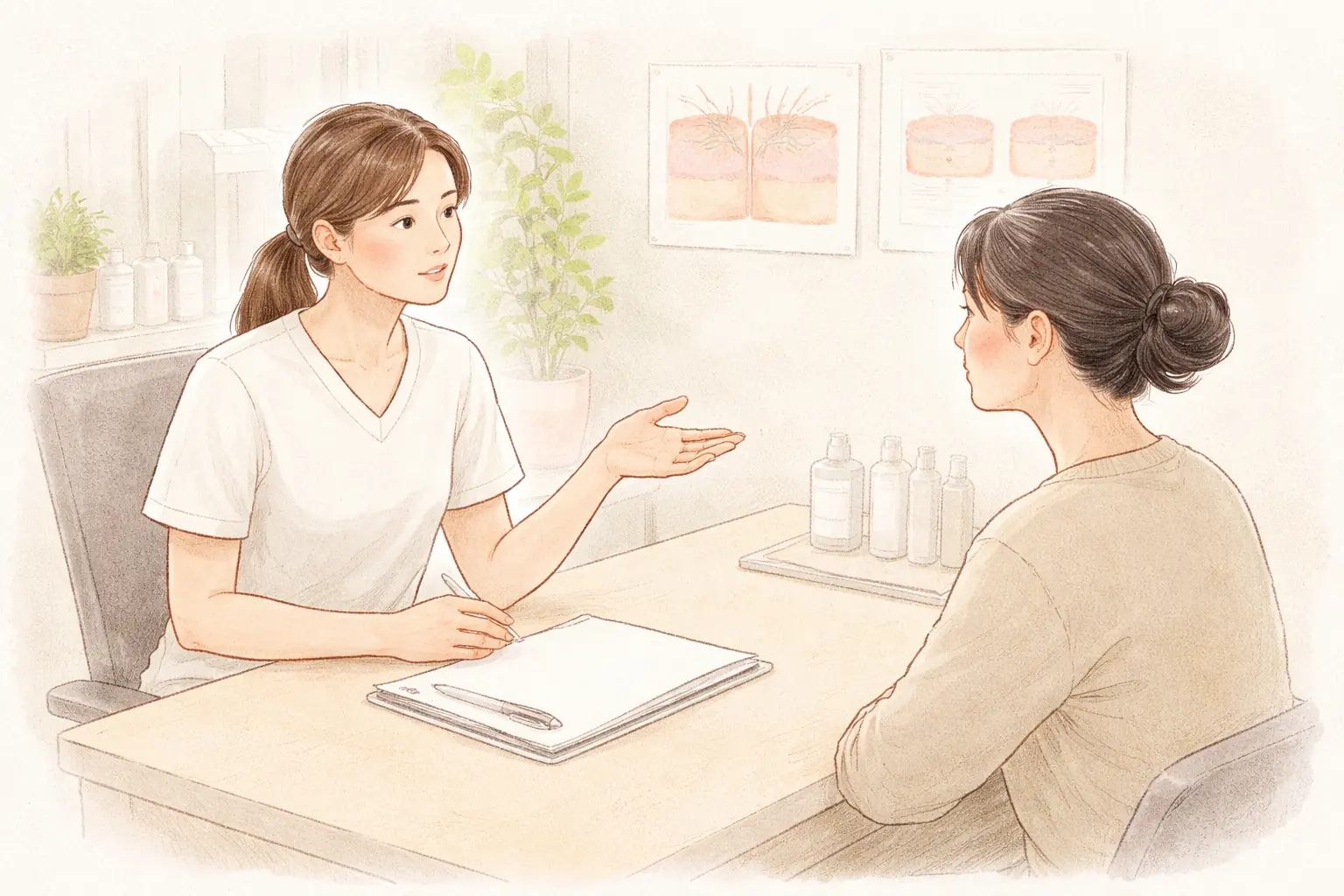 Dos mujeres sentadas en un escritorio escuchando las explicaciones del personal médico