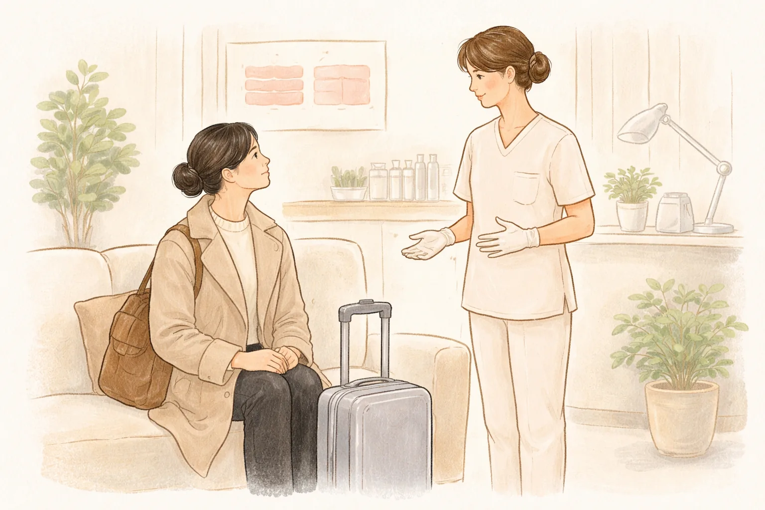 Mujer sentada junto a una maleta conversando con personal médico