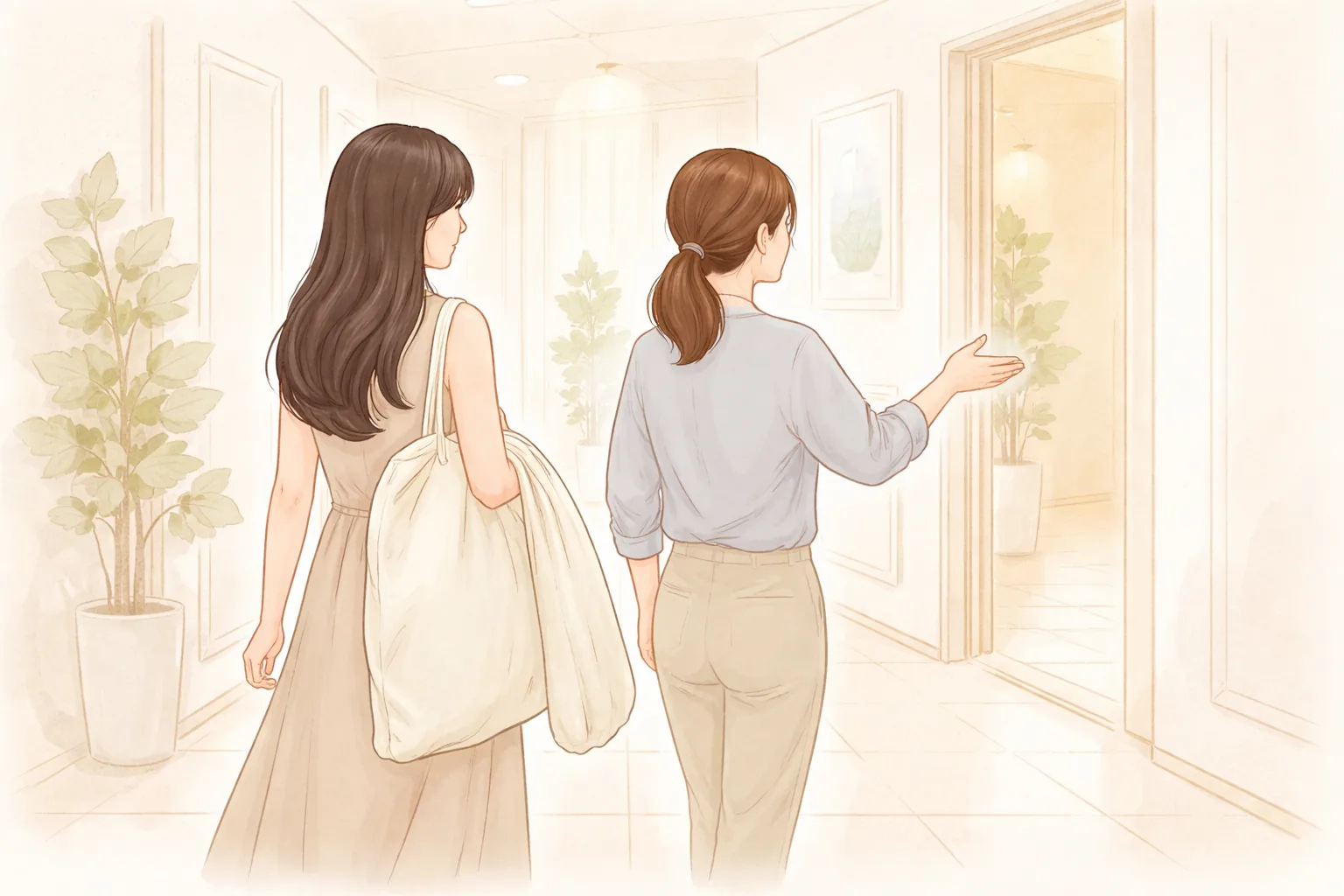 A woman carrying a garment bag talking with a coordinator in a hallway