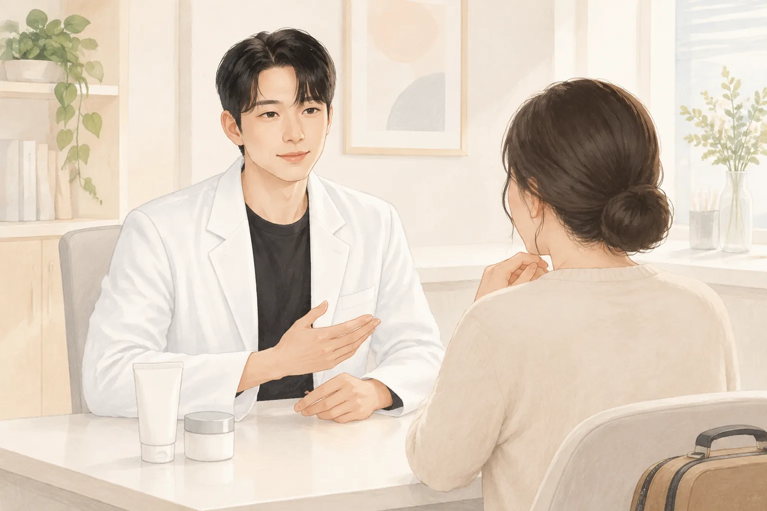 상담실에서 남자가 여성 환자와 마주 앉아 대화하고 여행 가방이 옆에 놓여 있음