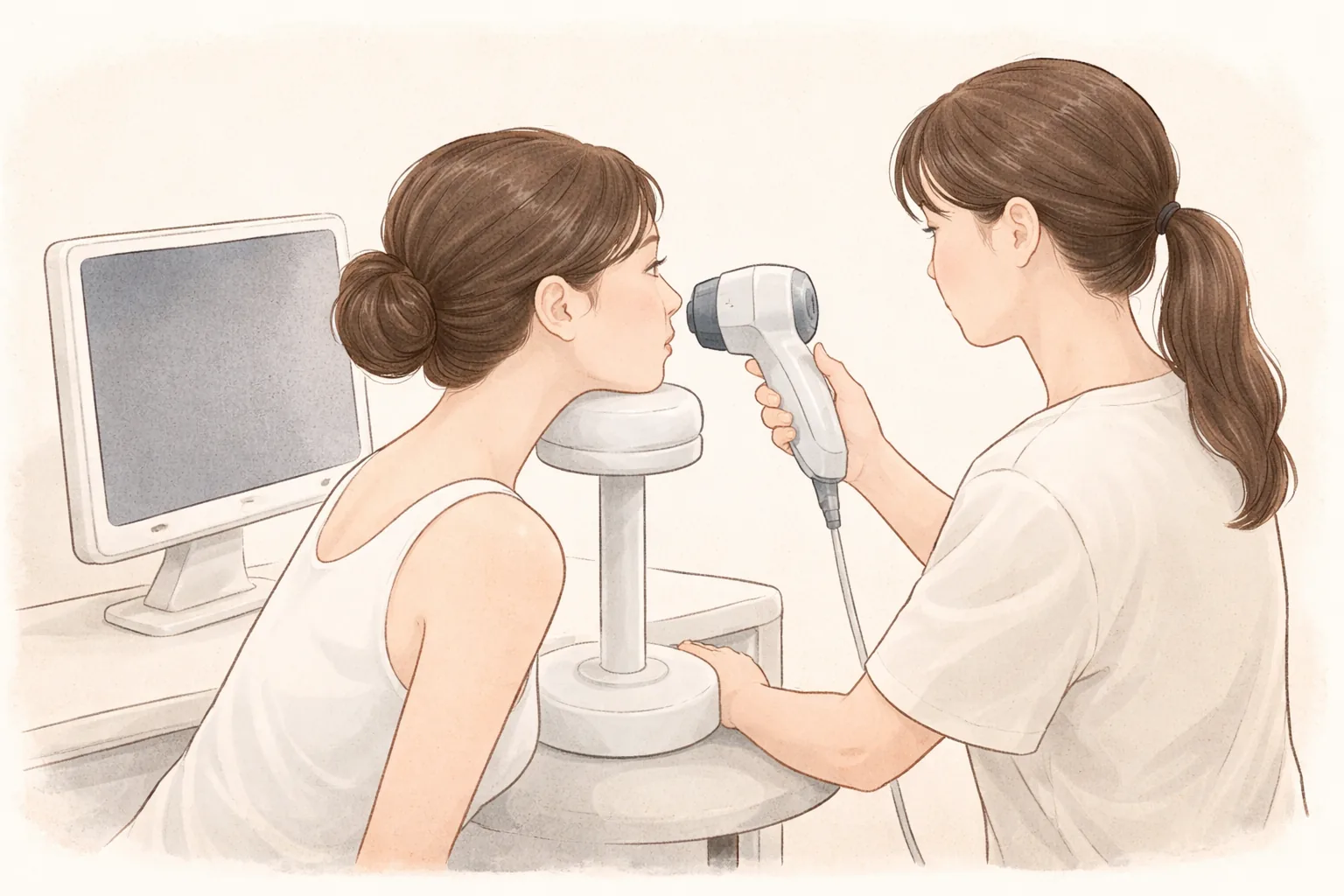 肌分析カメラで患者の頬を撮影する医療スタッフと患者