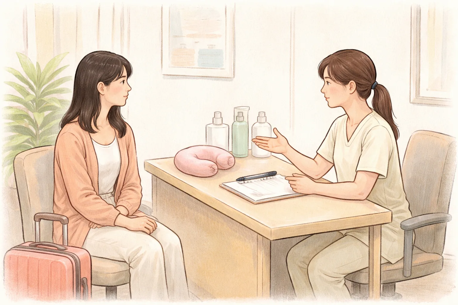 两位女性在行李箱旁接受面诊