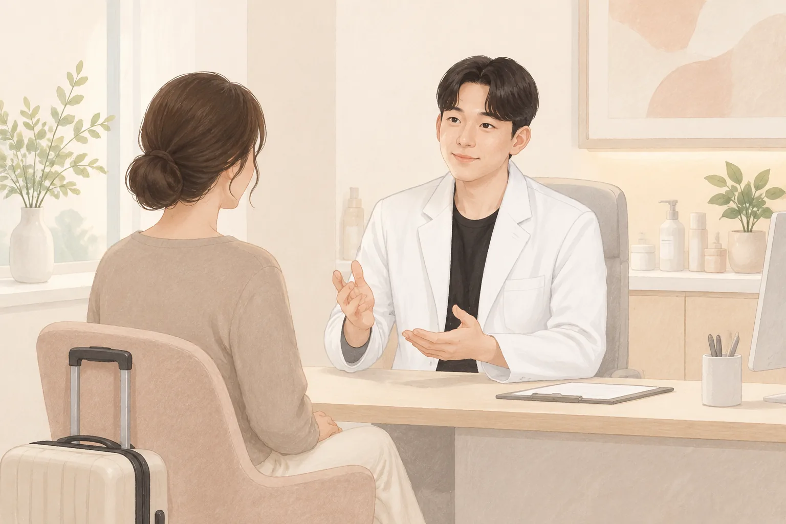 여행 가방 옆에 두고 상담하는 의사와 환자 두 명이 진료실에 앉아 있음